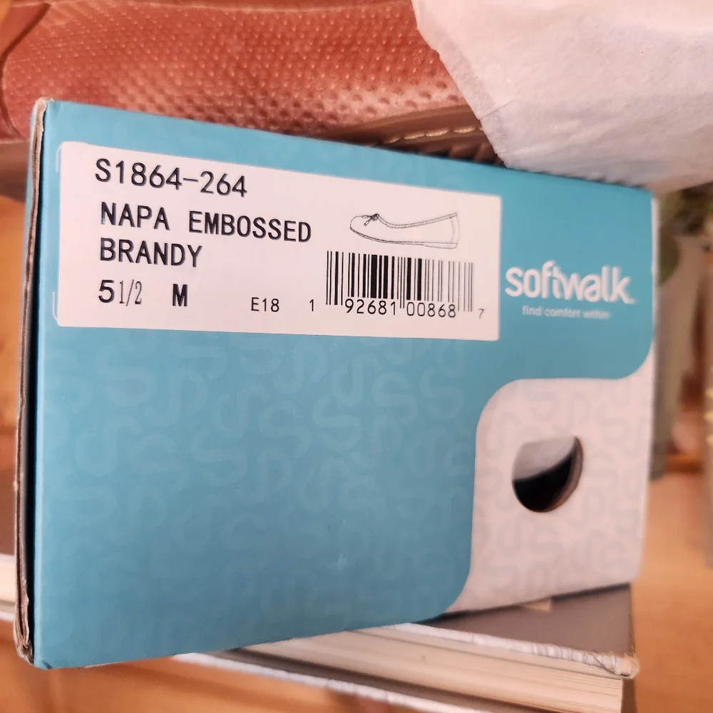 SoftWalk 💜 NWT Napa Embossed Ballet Flat Brandy Brown Leather Shoe Comfort 5.5M